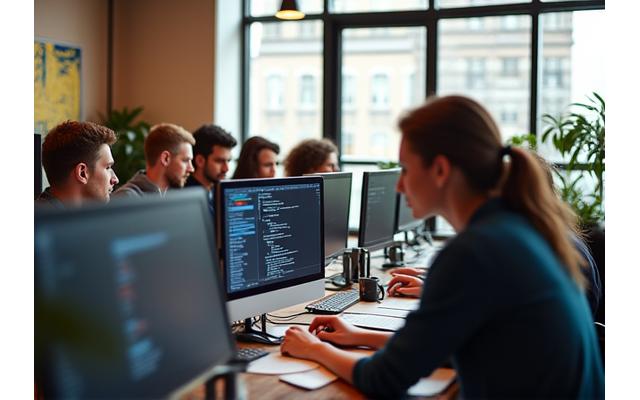 Miembros del equipo de Estancia Digital Solutions trabajando colaborativamente en una oficina moderna y luminosa.